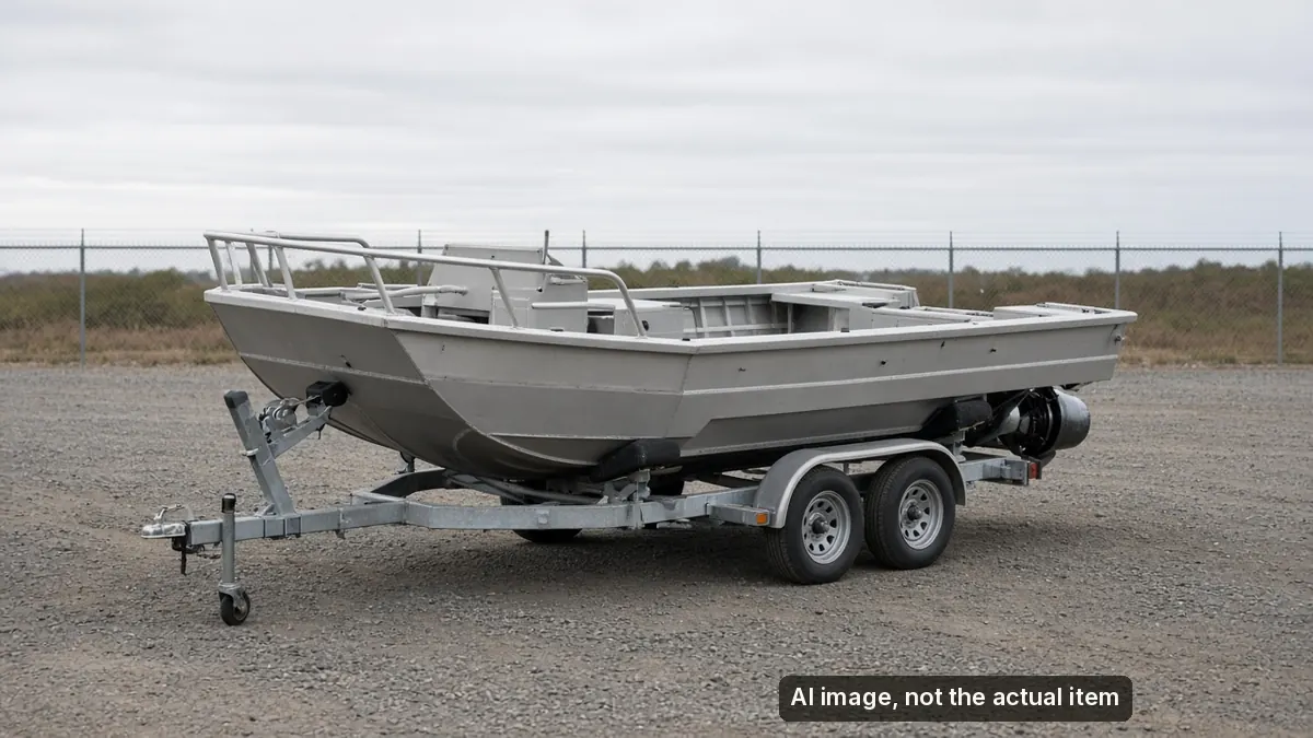 AI-generated illustration of a SAFE Boats aluminum workboat on a trailer