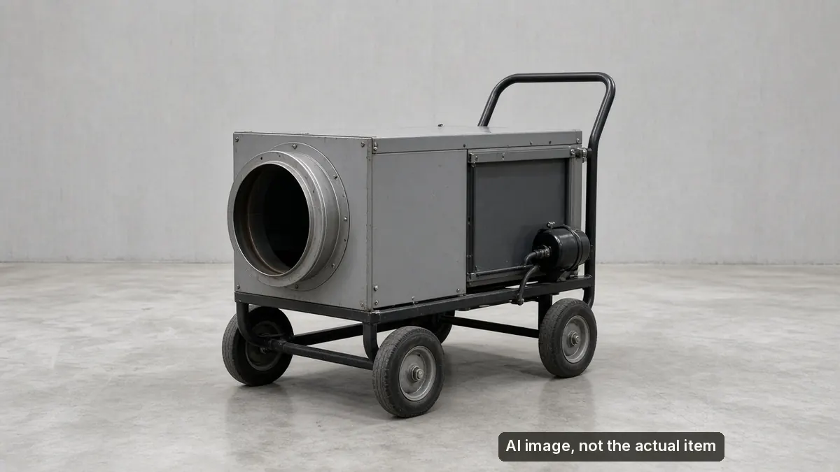 AI-generated illustration of a grey portable forced-air heater on wheels