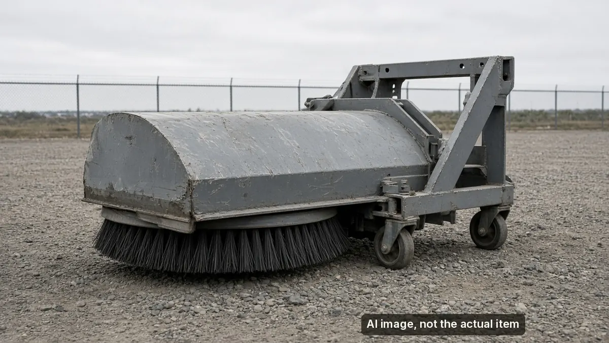 AI-generated illustration of a grey 60-inch rotary broom sweeper attachment with scuffs and scratches